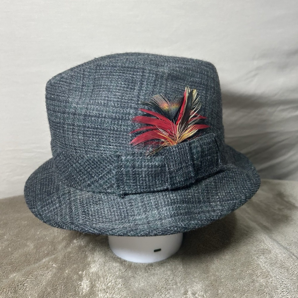 Vintage Richman Brothers Fedora‎ Hat Mens Medium 7 - 7 1/8 Grey Tweed Feather